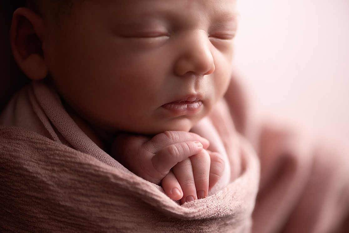 newborn baby girl, girl newborn in pink wrap, in home newborn photography san diego, san diego newborn photographer