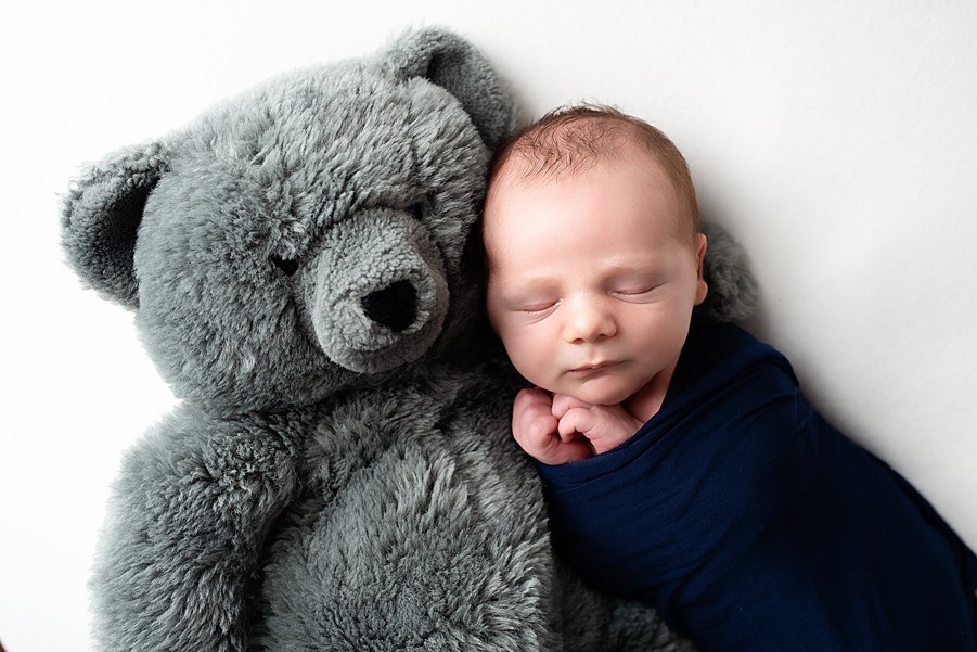 newborn baby boy and stuffed animal bear, Lauren V Photography, newborn photographer san diego