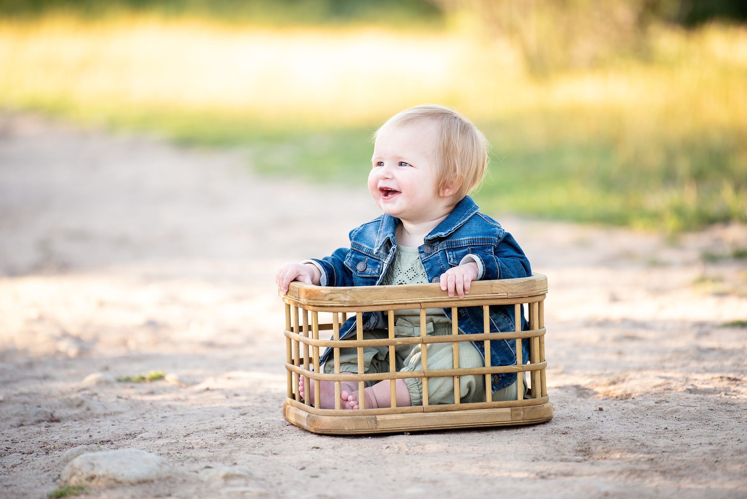 A young toddler sits in a wooden basket in a park trail at sunset after meeting a san diego au pair
